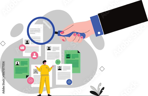 Person analyzing resumes with magnifying glass for recruitment