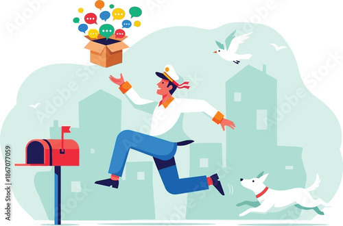 Joyful man jumping with dog and colorful messages