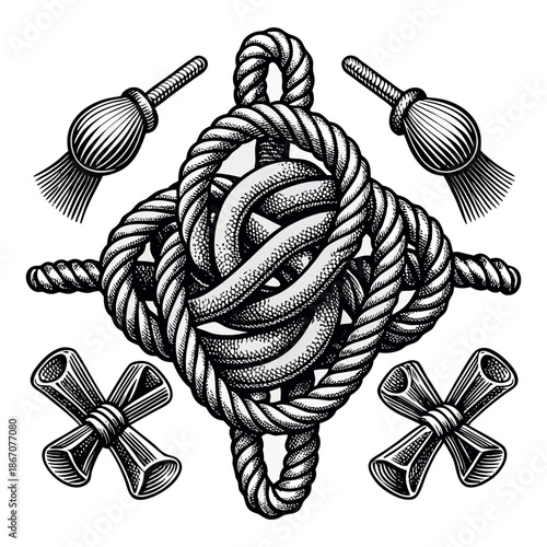 Decorative Rope Knots Collection in Vintage Engraving Style Black and White Vector