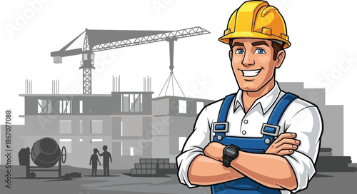 Confident construction worker smiling at a building site