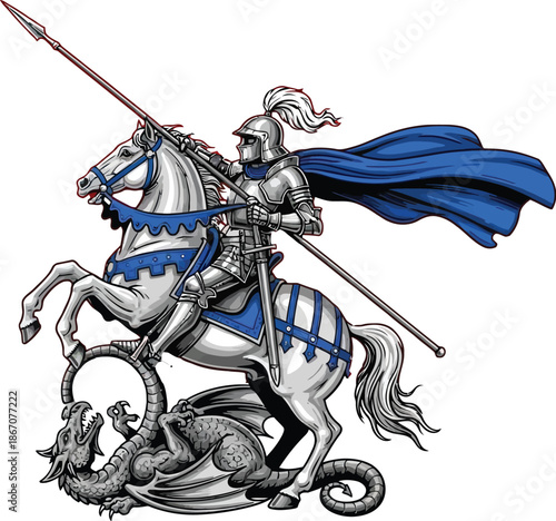 Knight on horseback slaying dragon symbolizing courage and strength