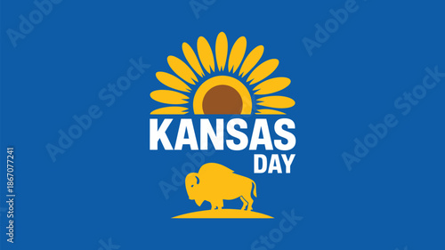 kansas day celebration illustration with sunflower and buffalo silhouette symbolizing state pride on blue background