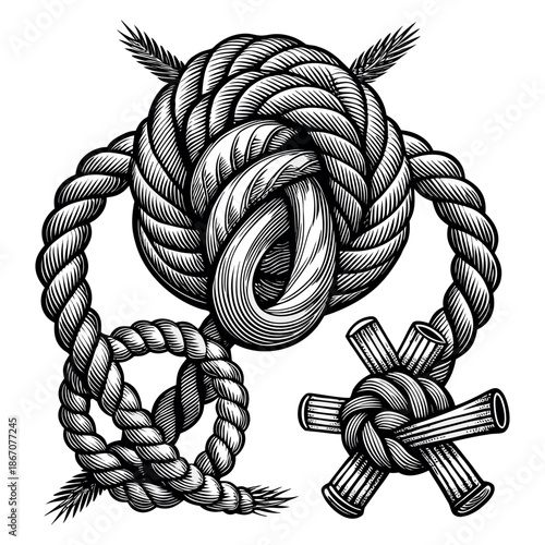 Decorative Rope Knots Collection in Vintage Engraving Style Black and White Vector