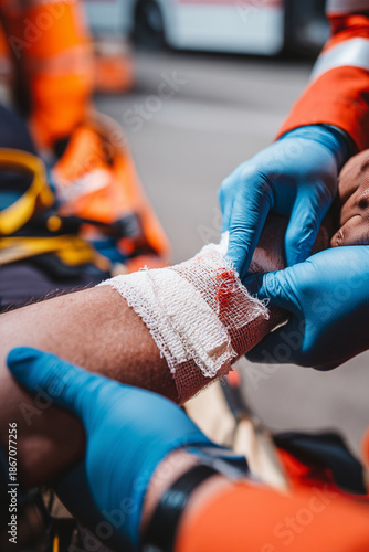 A paramedic, wearing gloves, is applying bandage to person's arm after minor injury during accident