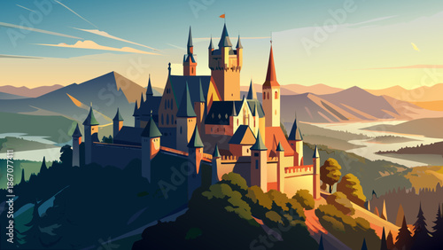 Very beautiful close-up view of Hohenzollern Castle in Germany, dramatically perched on a mountain top, showcasing fairytale architecture, misty atmosphere, and iconic scenery near Stuttgart.