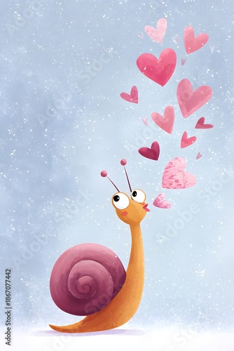 Sweet Snail Character Blowing Pink Hearts on Light Blue Snowy Background, Romantic Valentine's Day Card Illustration for Children