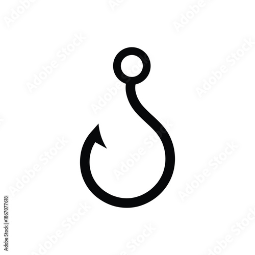 Minimalist Black Fishing Hook Icon Vector, Sharp Fishhook Tackle Graphic for Outdoor Sport Branding, and Angling Equipment Symbol isolated on White Background