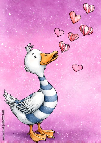 Cute Goose Character in Striped Sweater Blowing Pink Hearts on Pink Background, Funny Valentine's Day Illustration for Children Art