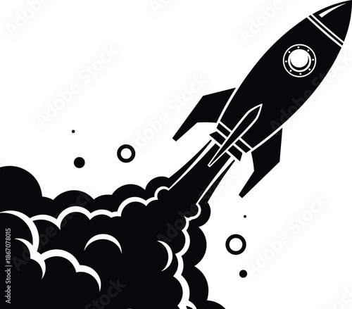 Black and white rocket launch vector illustration with smoke clouds, symbolizing business startup, creative growth, rapid progress, success, and space exploration mission icon.