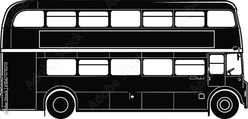 Black and white silhouette of a vintage double decker bus icon isolated on white background, retro urban transportation and city travel vector illustration,