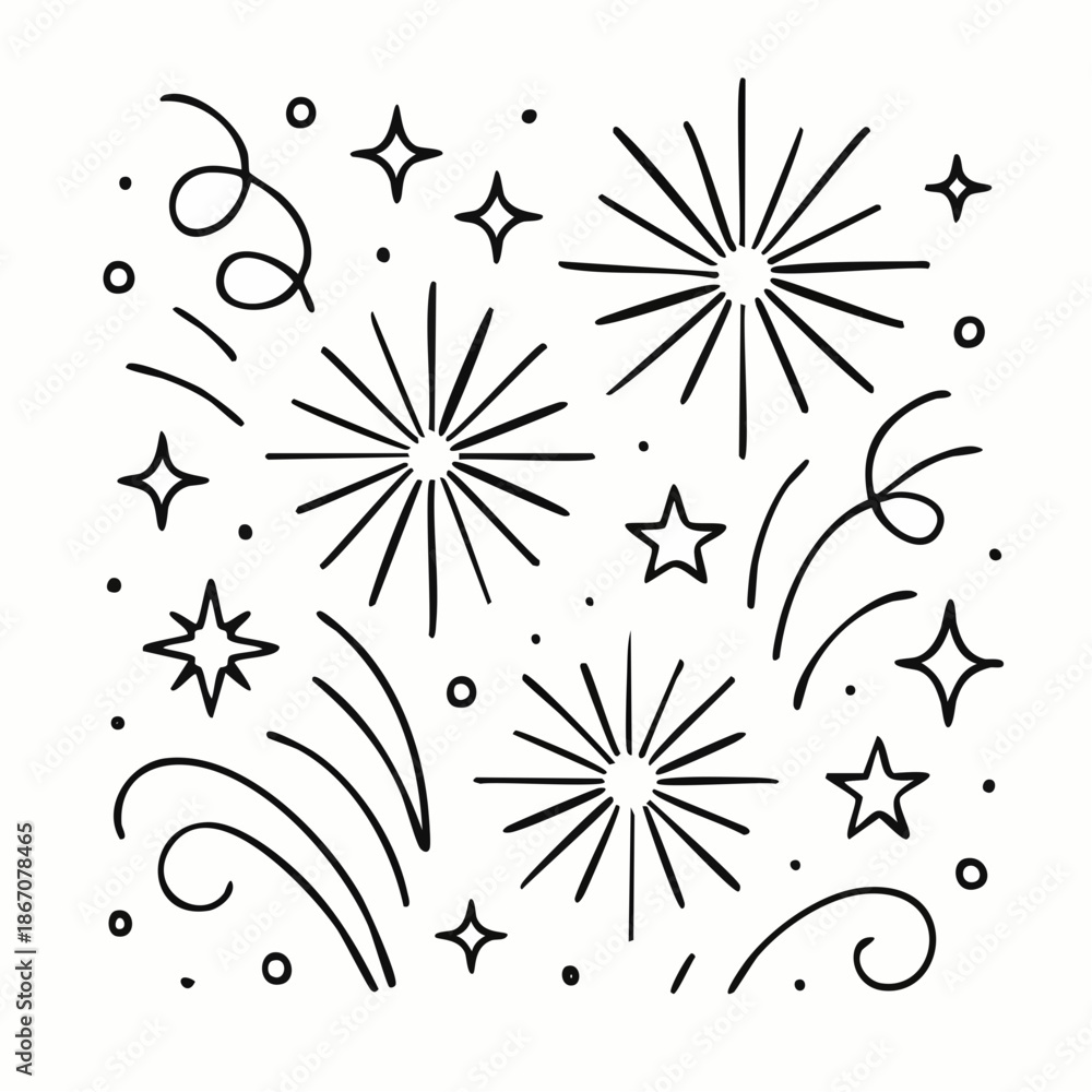 Obraz premium Vector line art of abstract fireworks and celebration shapes, thin monoline strokes, modern
