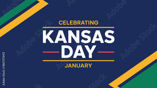 celebrating kansas day january illustration with modern typography and ribbon accents on blue background honoring state history