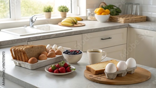 Wallpaper Mural Morning breakfast setting with eggs bread berries and coffee on bright kitchen counter Torontodigital.ca