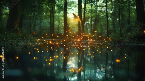 Magical forest with glowing lights and serene water reflection at sunrise during a peaceful morning in nature