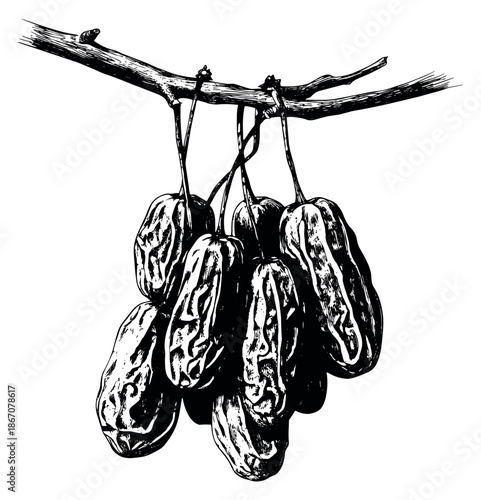 Hand drawn line art illustration of a bunch of dates depicting them hanging from a branch for food and botanical projects