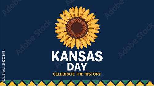 kansas day celebration illustration with sunflower symbol and festive typography on dark blue background honoring state history