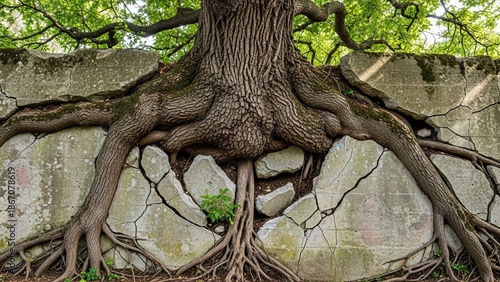 Tree Roots Breaking Concrete Wall.