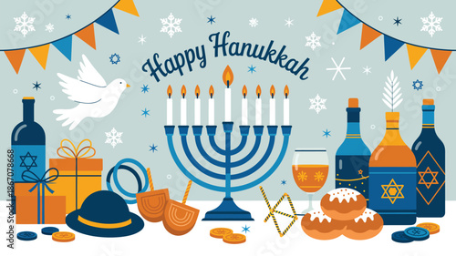 happy hanukkah festival illustration with menorah candles gifts wine bread and traditional jewish symbols in festive flat design