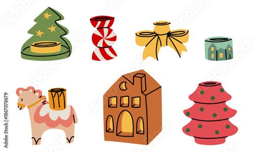 set Christmas candle holders for variety of candles with flat outline and decorative elements such as Christmas tree, candy, horse, bow. festive collection for cozy winter greeting cards or seasonal