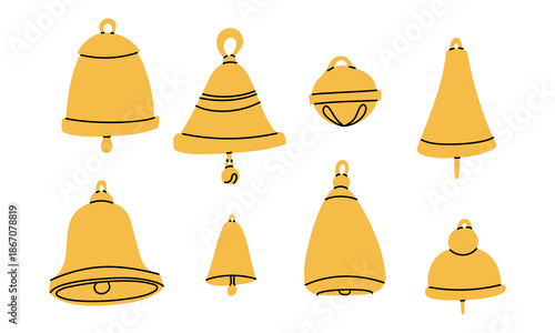 set of flat colored gold Christmas bells and jingling ornaments. Dno don. Holiday collection for festive greeting cards, stickers, party invitations, or seasonal graphic design materials.