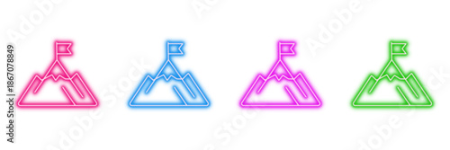 Neon glowing mountain peak with flag vector icons set, goal, success, challenge, summit, achievement, colorful digital design illustration on transparent background.