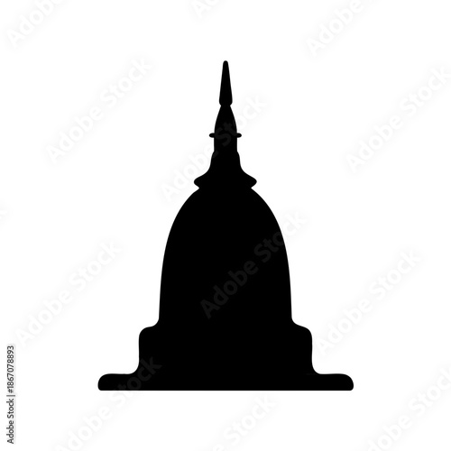 Black silhouette of a chedi pagoda structure against a white background