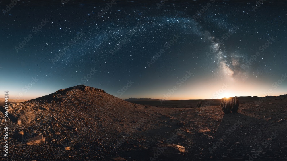 Obraz premium Stunning Night Sky with Milky Way at Dawn Over Rugged Terrain in Desert Landscape