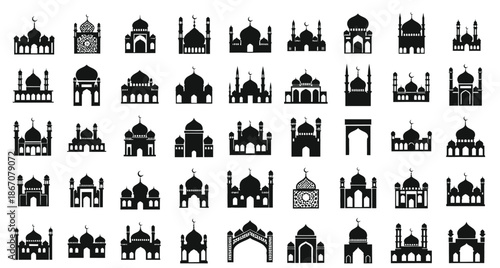 Collection of black mosque icons white for design and decoration purposes islam and architecture symbols Silhouette vector on whit Background
