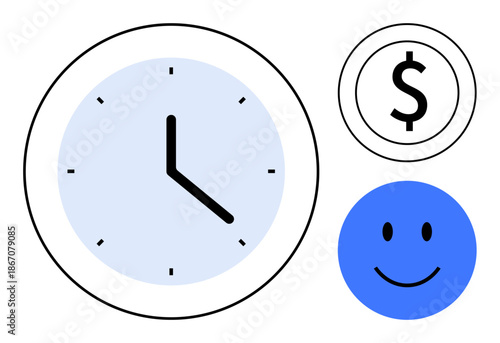 Time management concept. Clock, dollar sign, and happy face productivity, financial success, and achieving work-life balance. Time management enhances organization and efficiency. Perfect