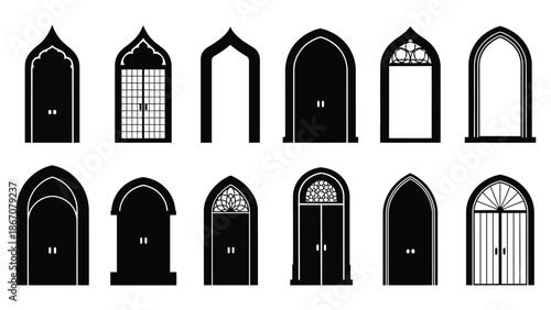 Collection of various gothic style arched door and window silhouettes white with illustration and graphic Silhouette vector on whit Background