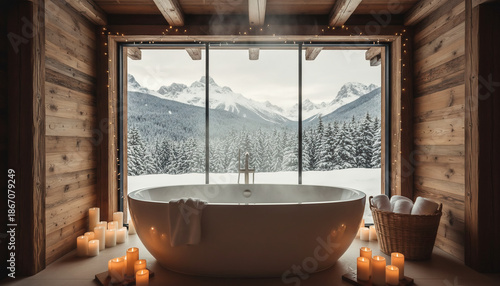 A luxurious freestanding bathtub faces snowy mountain peaks through a large window, surrounded by candlelight in a rustic cabin, evoking winter relaxation, spa comfort, and serene escape.