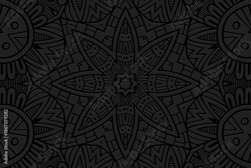 Tribal black background, banner, cover design, mural. Geometric embossed pattern. Ornamental motifs of the East, Asia, India, Mexico, Aztec, and Peru. Ethnic traditions.