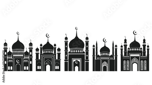 Black of various mosques with domes and minarets white for islamic architecture designs with illustration Silhouette vector on whit Background