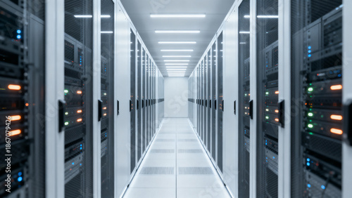 Fotografie Modern Data Center Corridor with Symmetrical Design, High Tech Infrastructure