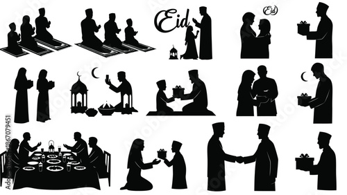 Eid mubarak celebration silhouettes with muslim family and friends praying eating and exchanging gifts white Silhouette vector on whit Background