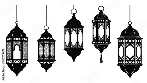 Black hanging lanterns with intricate designs white with ornate and ramadan and eid and islamic and arabic Silhouette vector on whit Background
