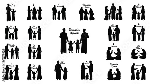 Collection of black silhouettes of diverse families with children and parents holding hands in various poses white Silhouette vector on whit Background