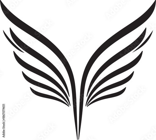 Minimalist Black Wing Vector. Abstract Symmetrical Feather Design for Tattoo, Logo, and PNG Stock Use