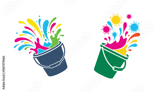 Colorful paint buckets in action isolated on white background, Vector, illustration