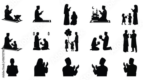 of people in various islamic prayer positions with family and mosque illustrations white with praying people Silhouette vector on whit Background