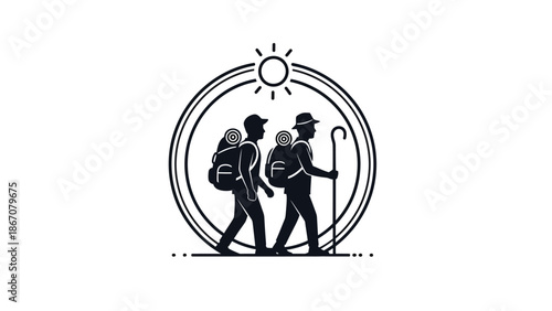Two hikers walking together in a circular frame with sun white with illustration and hiking and adventure Silhouette vector on whit Background