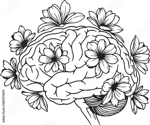 Flourishing Mind with Blooming Flowers. Black and White Brain and Nature Harmony Line Art