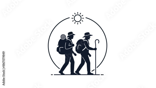 Two hikers walking under sunny sky with backpacks and trekking pole in black white with hiking and travel Silhouette vector on whit Background