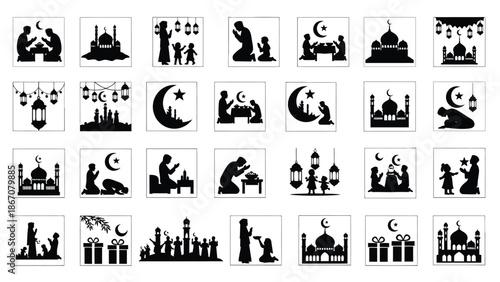 Ramadan kareem icons set with silhouettes of people praying mosques crescent moon stars lanterns and gifts white Silhouette vector on whit Background