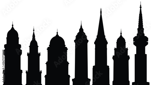 of multiple mosque minarets and domes white for architecture and religion concepts with islam and faith Silhouette vector on whit Background