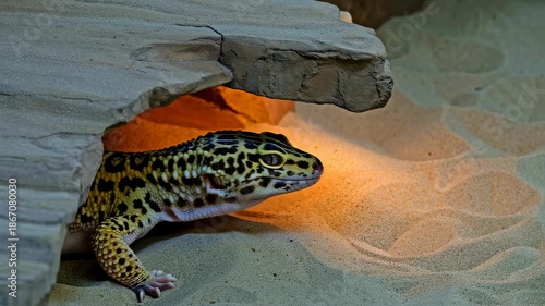 Leopard Gecko Peering From Sandstone Cave