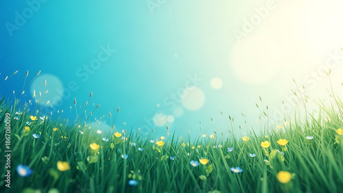 Sunlit Wildflower Meadow in Early Morning Light, Natural Landscape View with Fresh Green Grass and Colorful Blossoms