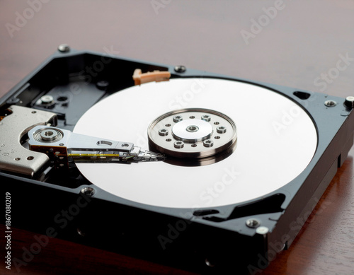 カバーが開けられ内部構造が見えるハードディスクドライブ（HDD）のプラッタと磁気ヘッド