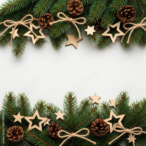 A festive Christmas decoration with pine branches and wooden stars