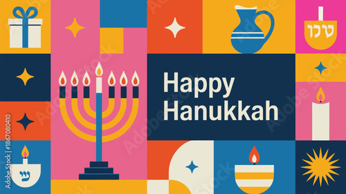 happy hanukkah festival illustration with menorah dreidel candles and traditional jewish symbols in colorful flat design